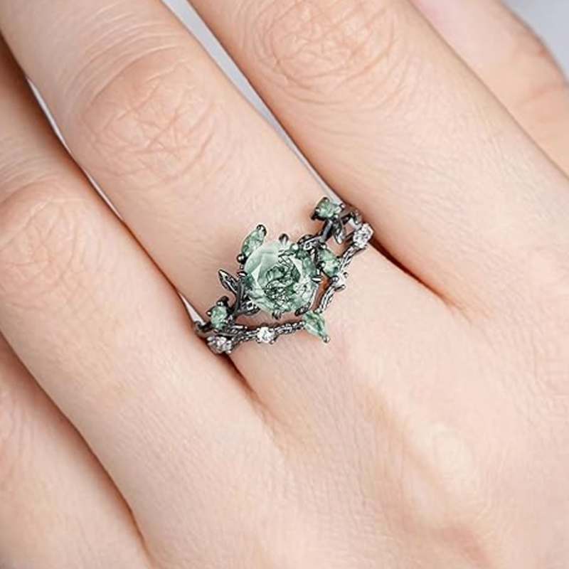 Bague de fiançailles en argent sterling avec feuilles de lierre en agate mousse plaquée de couleur noire-5