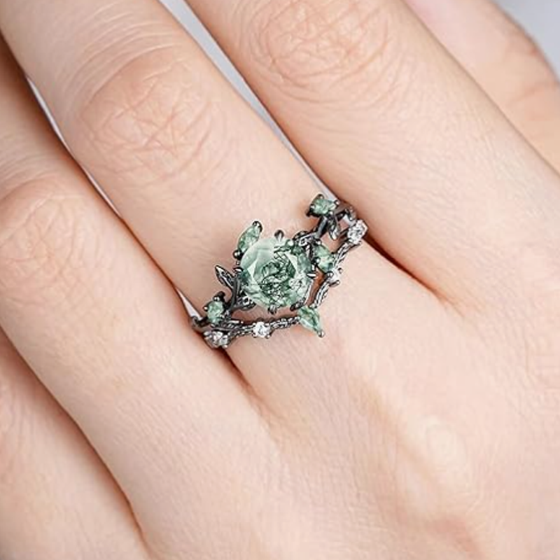 Sterling Silver with Black Color Plated Moss Agate Ivy Leaves Engagement Ring-5