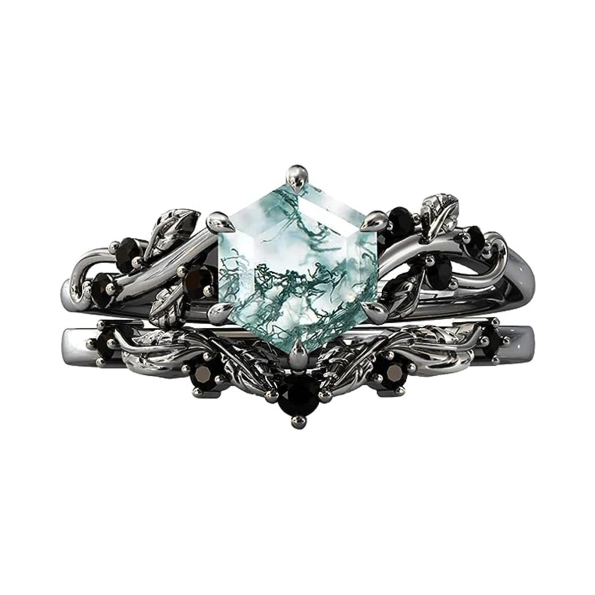 Sterling Silver with Black Color Plated Moss Agate & Personalized Engraving Ivy Engagement Ring-1