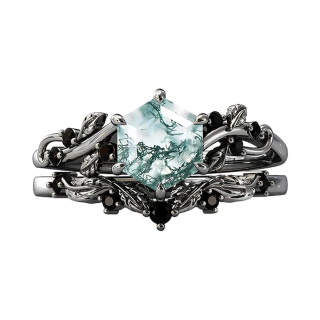 Sterling Silver with Black Color Plated Moss Agate & Personalized Engraving Ivy Engagement Ring-35