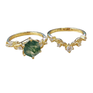 Sterling Silver with Yellow Gold Plated Moss Agate & Personalized Engraving Ivy Engagement Ring-7