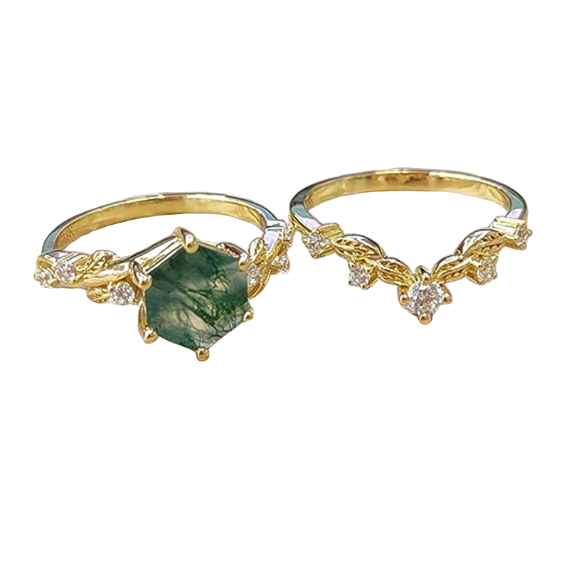 Sterling Silver with Yellow Gold Plated Moss Agate & Personalized Engraving Ivy Engagement Ring-17