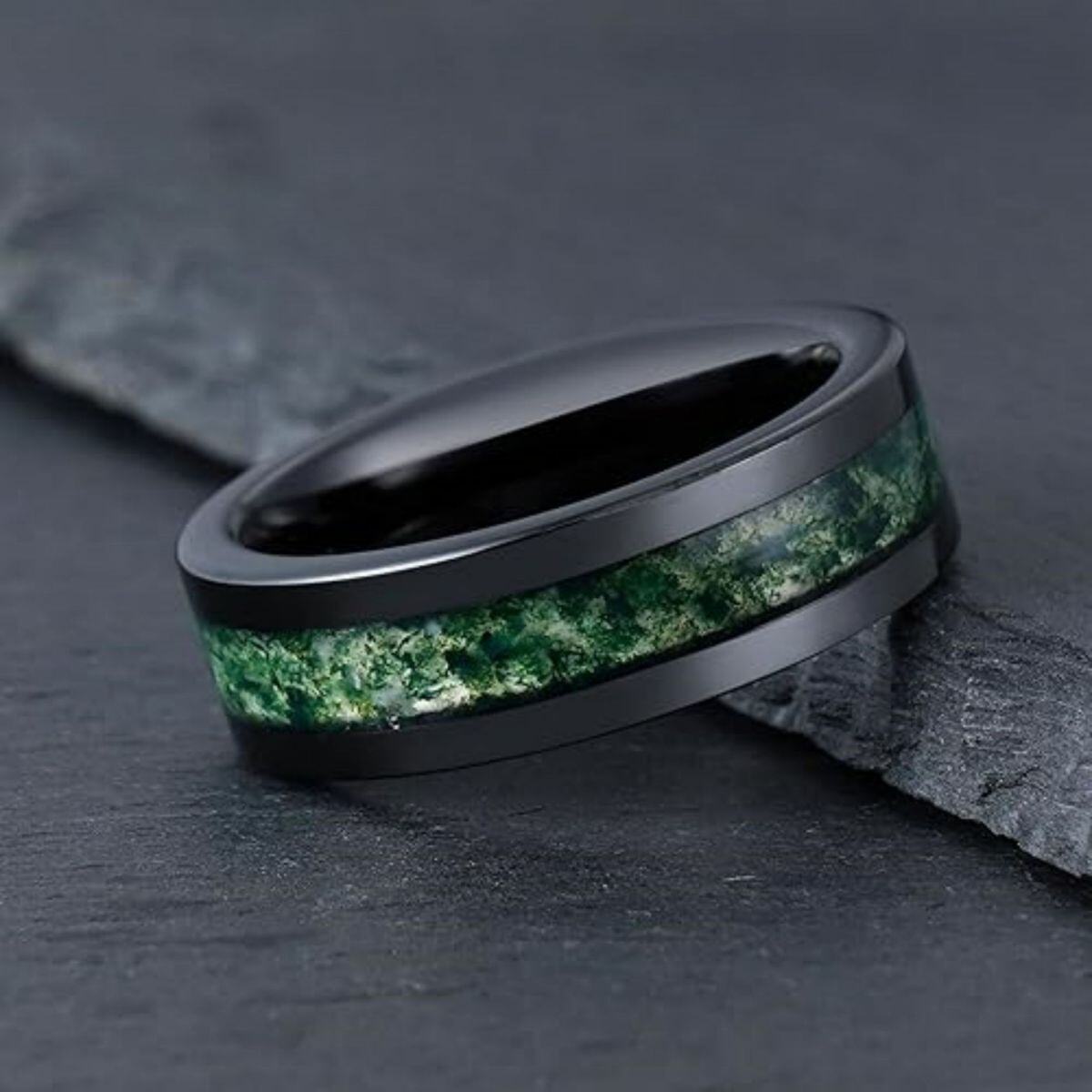 Sterling Silber mit schwarzer Farbe plattiert Moss Achat Ring für Männer-2