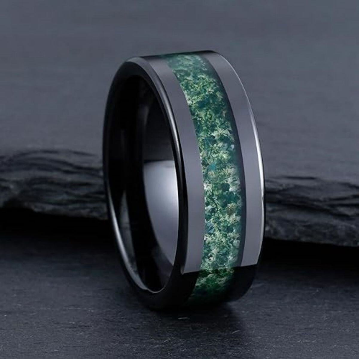 Anillo de plata de ley con ágata musgosa chapada en color negro para hombre-3