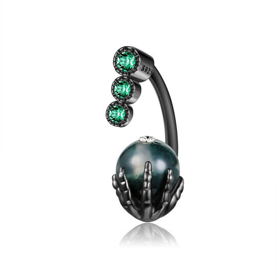 Sterling Silver with Black Color Plated Moss Agate Skull Belly Button Ring