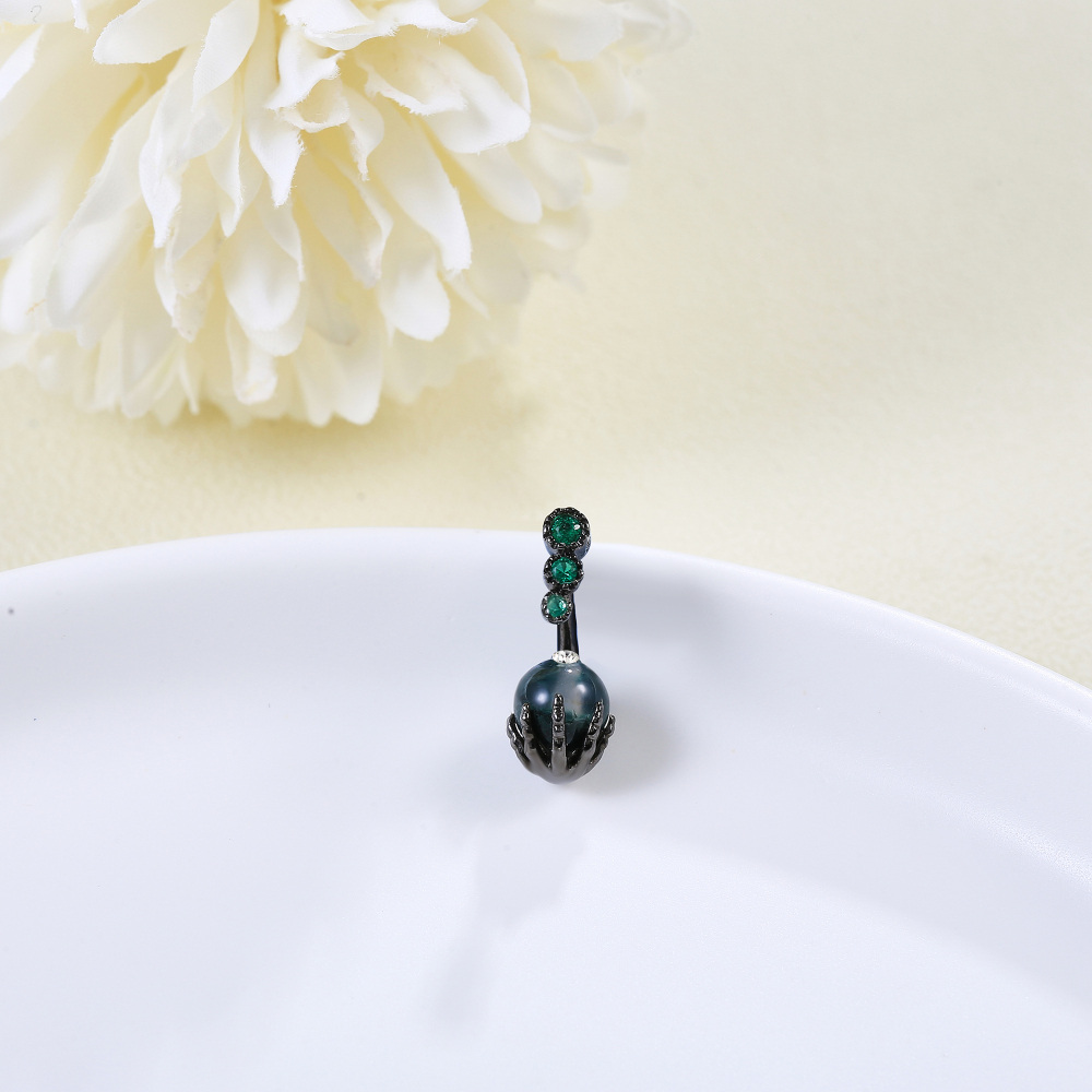Sterling Silver with Black Color Plated Moss Agate Skull Belly Button Ring-3