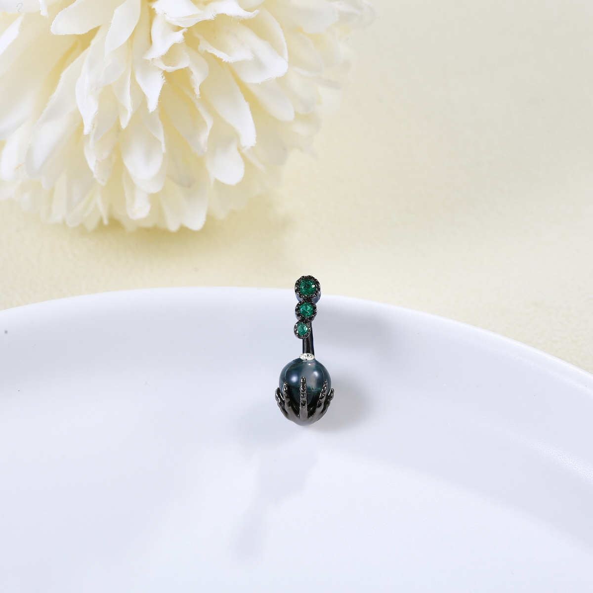 Anillo de ombligo de calavera de ágata musgosa bañada en plata de ley y color negro-3