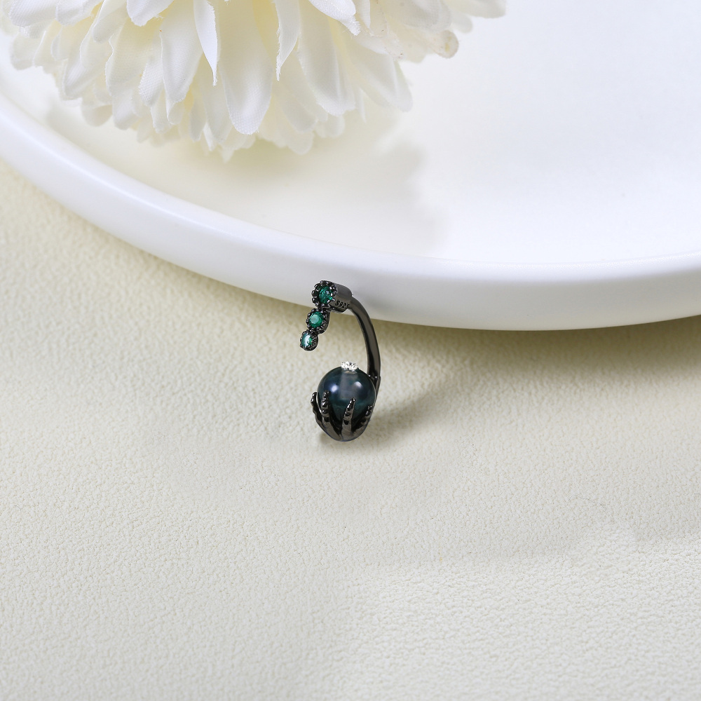 Sterling Silver with Black Color Plated Moss Agate Skull Belly Button Ring-4