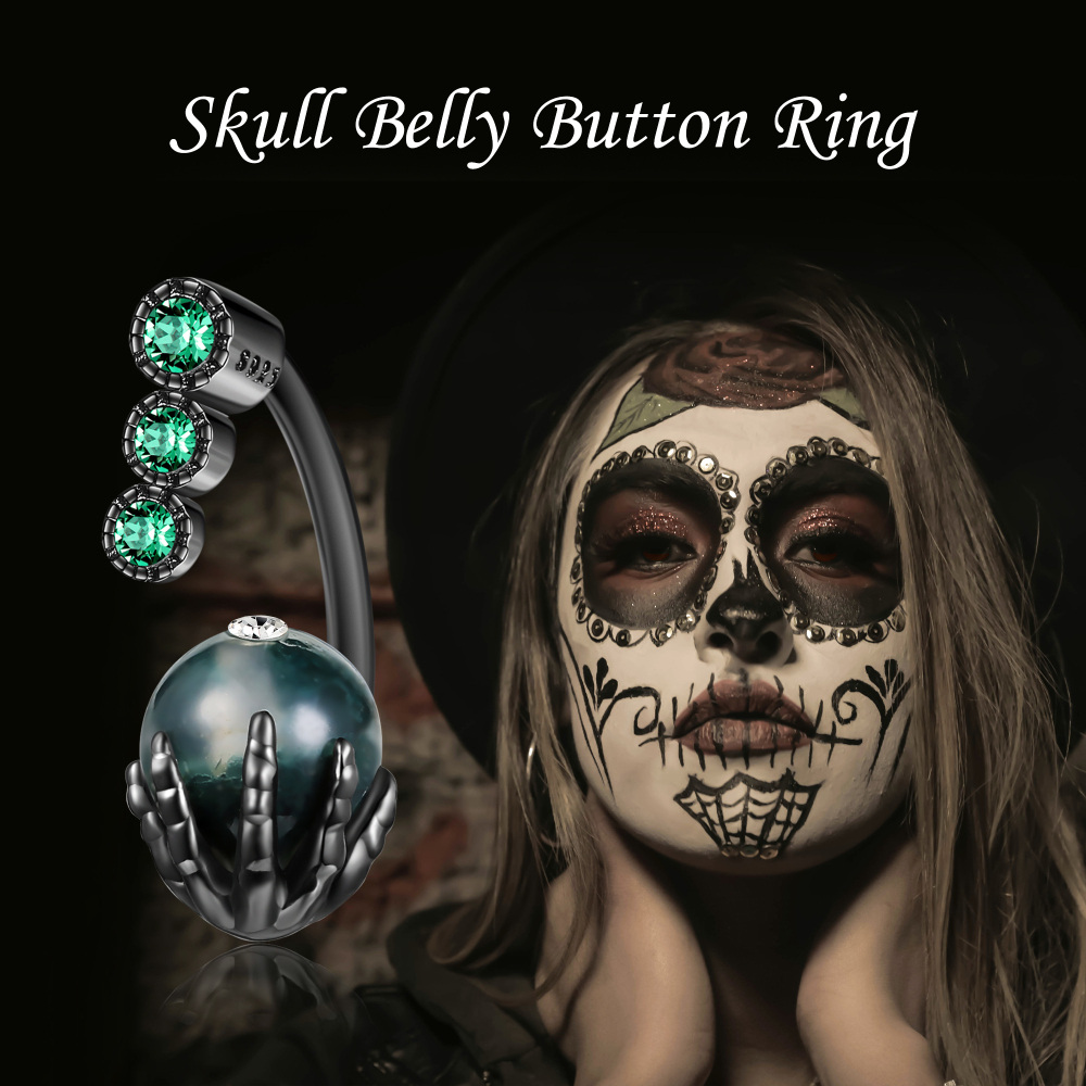 Sterling Silver with Black Color Plated Moss Agate Skull Belly Button Ring-6