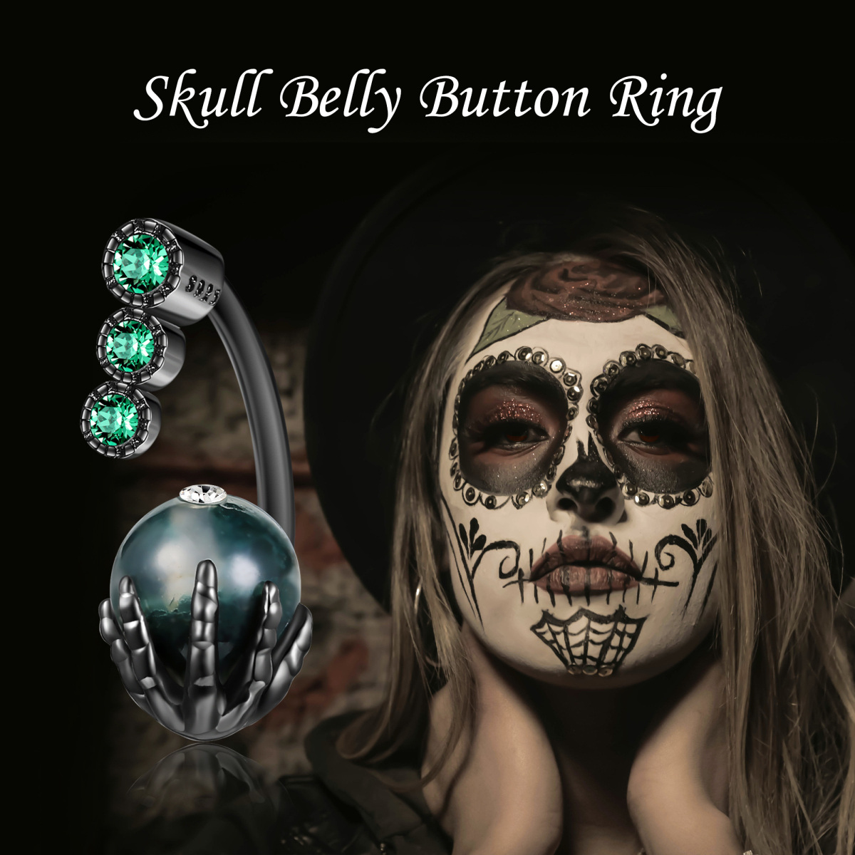 Anillo de ombligo de calavera de ágata musgosa bañada en plata de ley y color negro-6