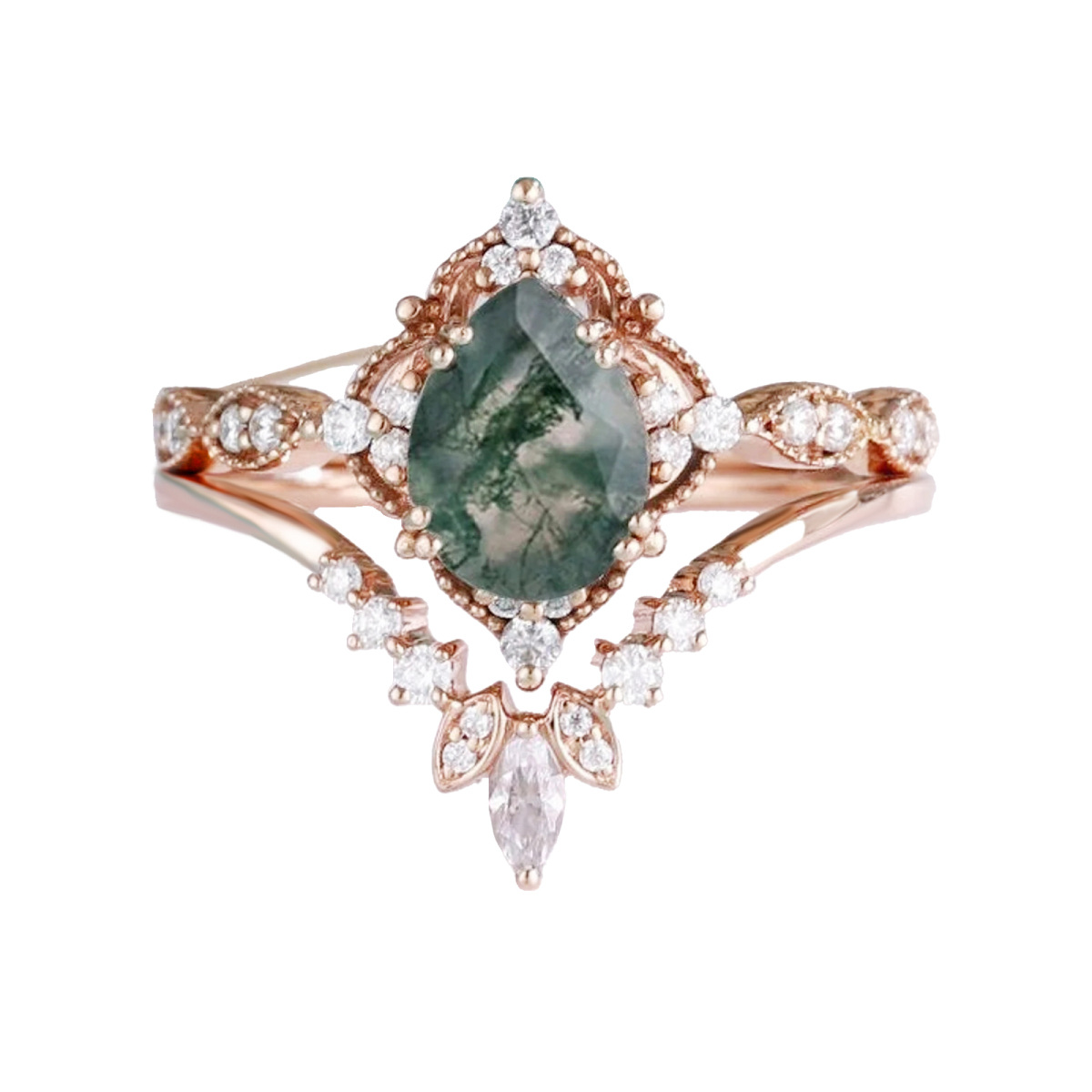 Sterling Silver with Rose Gold Plated Oval Moss Agate Personalized Engraving & Couple Engagement Ring-1