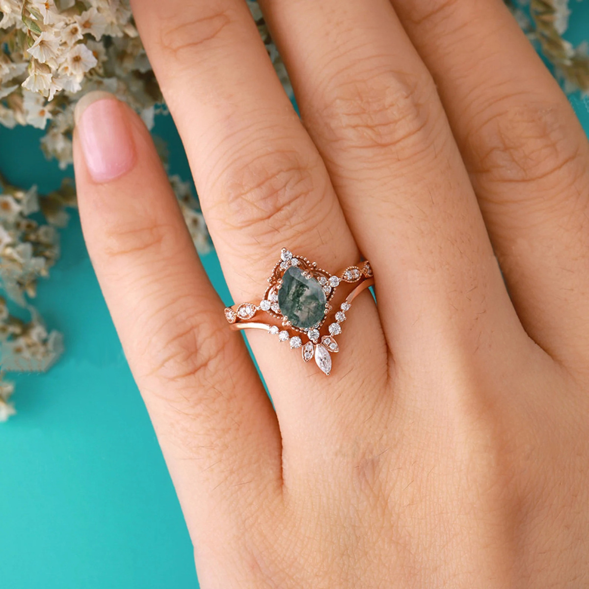 Sterling Silver with Rose Gold Plated Oval Moss Agate Personalized Engraving & Couple Engagement Ring-2