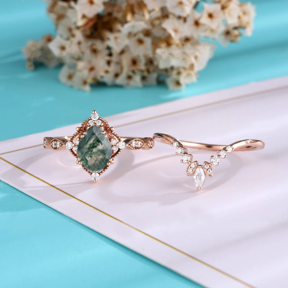 Sterling Silver with Rose Gold Plated Oval Moss Agate Engagement Ring-3