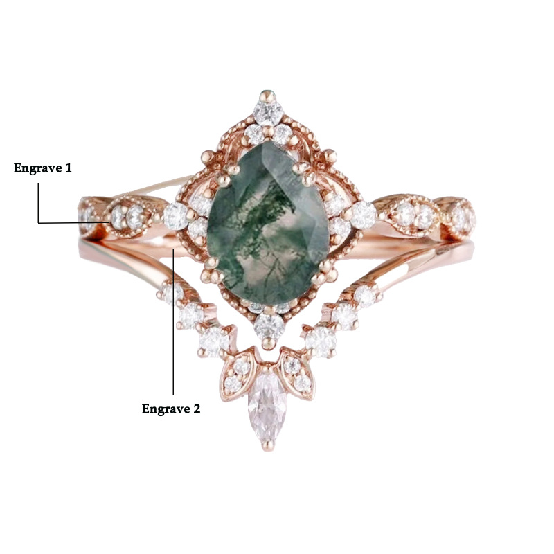 Anel de Noivado Oval em Ágata Musgosa em Prata de Lei com Banho de Ouro Rosa-4