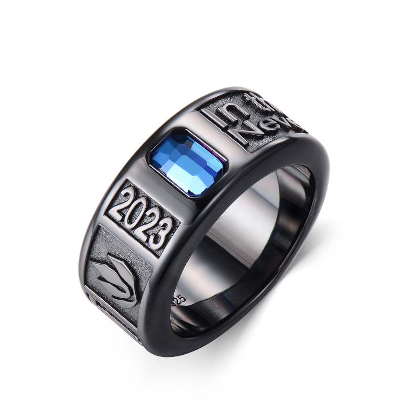 Sterling Silver with Black Color Plated Cubic Zirconia Personalized Birthstone Ring for Men-11