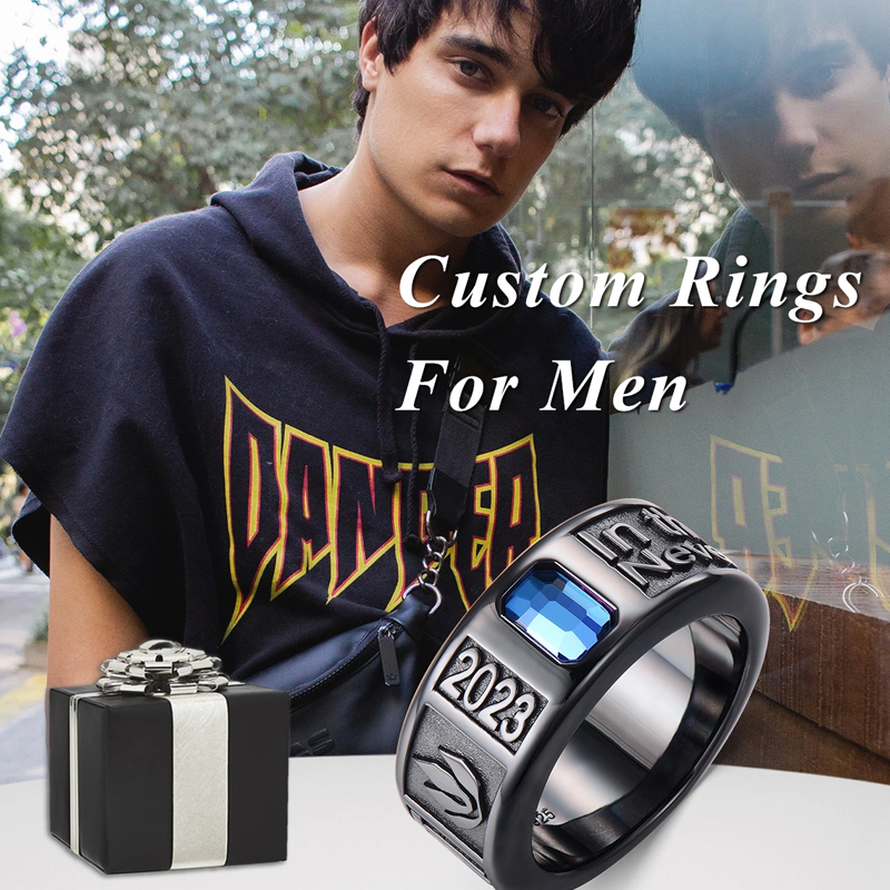 Sterling Silber mit schwarz plattiertem Zirkonia, personalisierter Geburtssteinring für Männer-3