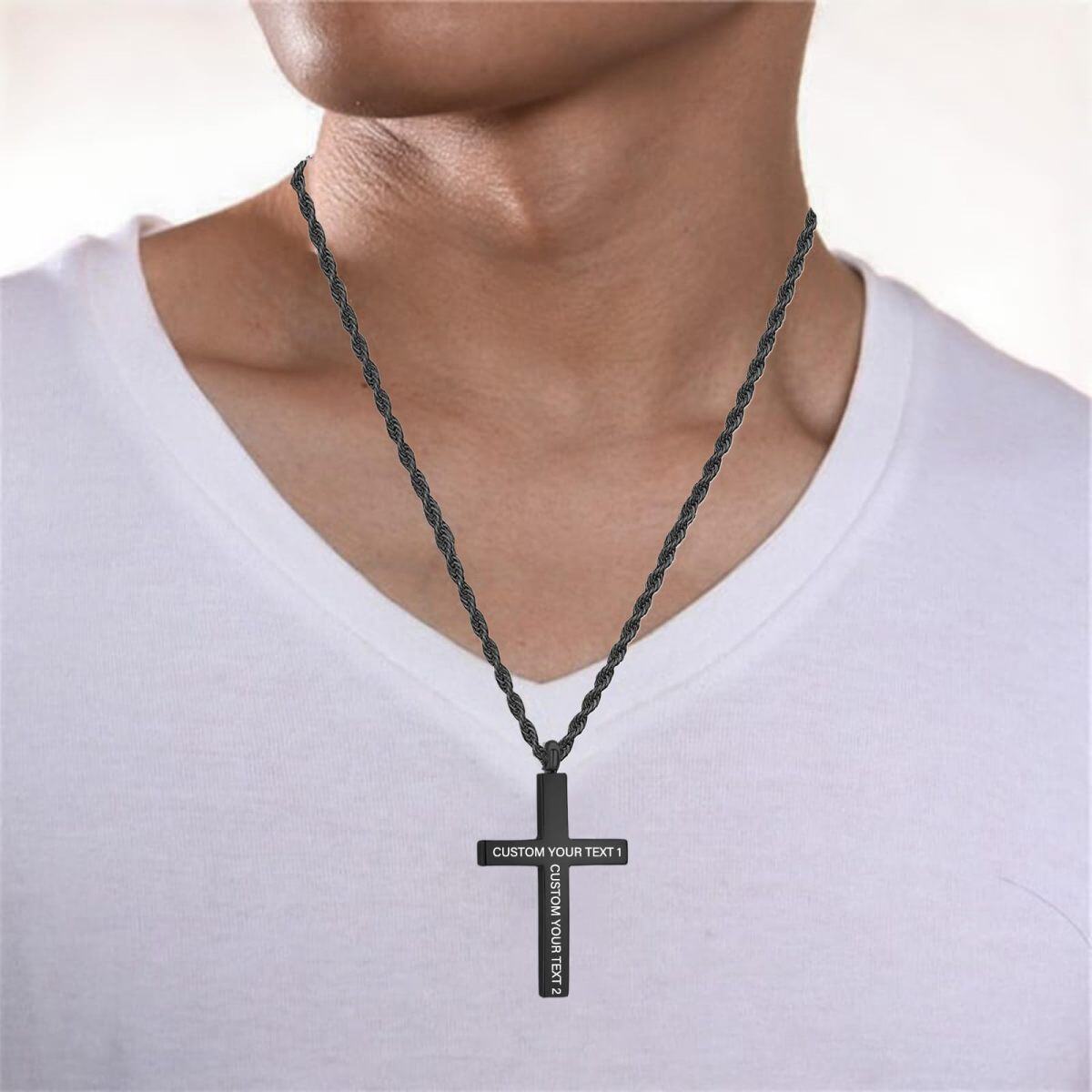 Plata de Ley Negro Color Personalizado Grabado Cruz Colgante Collar para Hombres-2