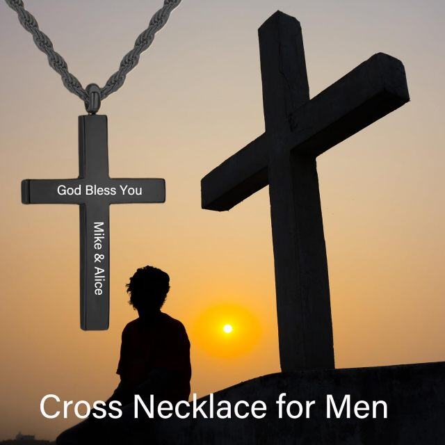 Sterling Silver Black Color Personalized Engraving Cross Pendant Necklace for Men-4