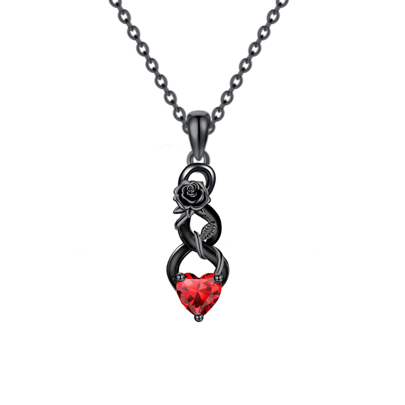 Sterling Silver with Black Color Plated Cubic Zirconia Rose Pendant Necklace-1