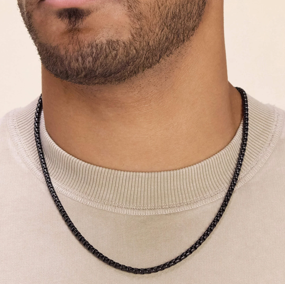 Collar de cadena de caja redonda de plata esterlina con color negro para hombre de 4 mm-2
