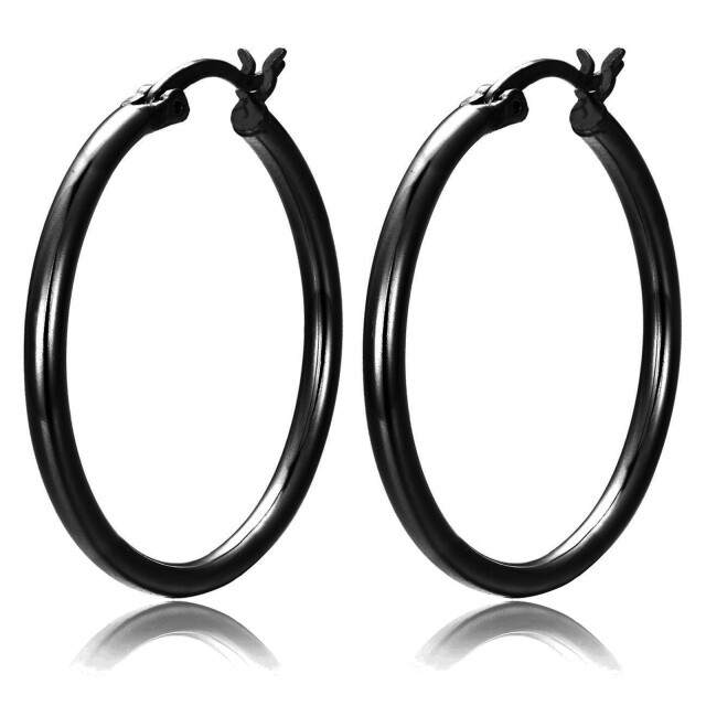 Sterling Silver with Black Color Plated Round Hoop Earrings-1