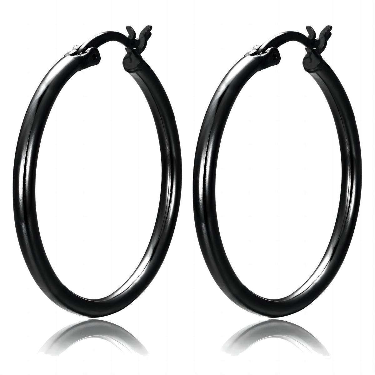 Sterling Silver with Black Color Plated Round Hoop Earrings-3