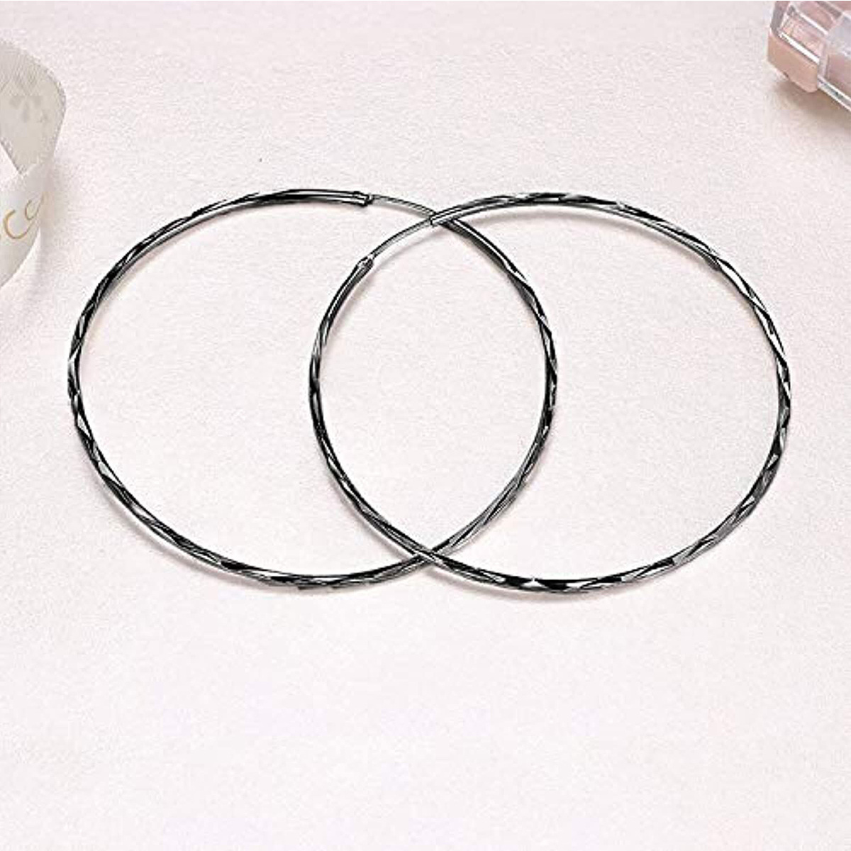 Sterling Silver with Black Color Plated Round Hoop Earrings-2