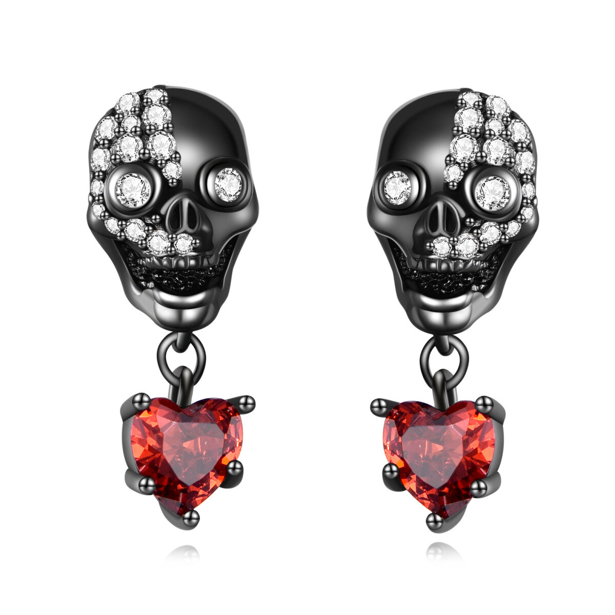 Sterling Silver with Black Color Plated Cubic Zirconia Skull Drop Earrings-1