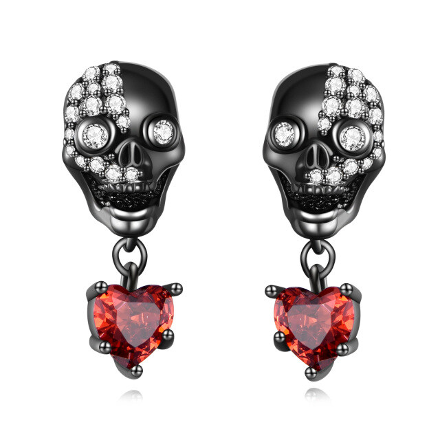 Sterling Silver with Black Color Plated Cubic Zirconia Skull Drop Earrings-1