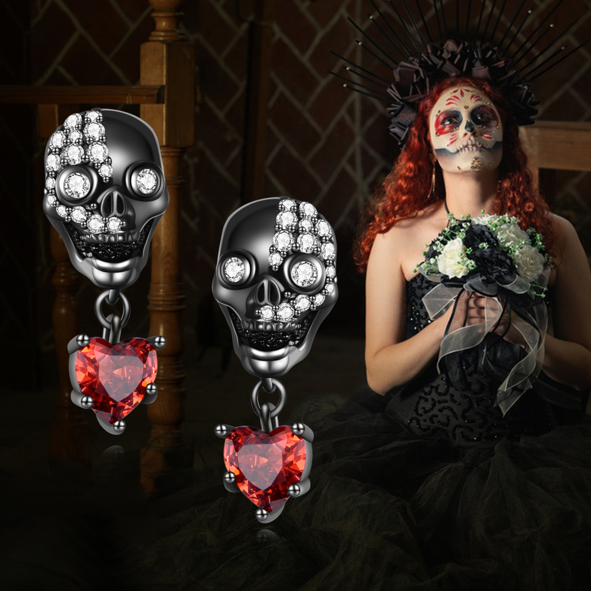 Pendientes colgantes de calavera con circonita cúbica bañada en color negro y plata de ley-6