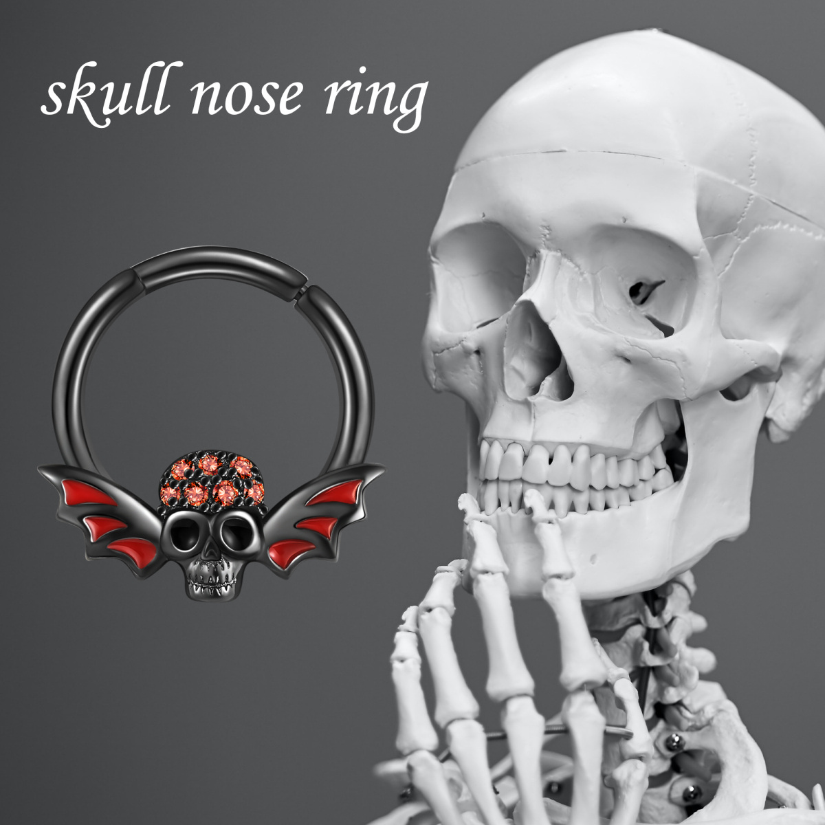 Anillo de nariz de calavera de plata de ley con baño de color negro-6