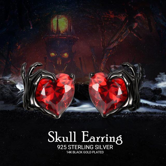 Sterling Silver with Black Color Plated Cubic Zirconia Skull Stud Earrings-5