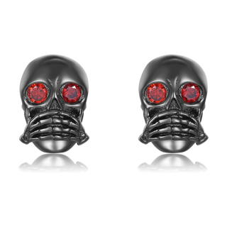 Sterling Silver with Black Color Plated Cubic Zirconia Skull Stud Earrings-9