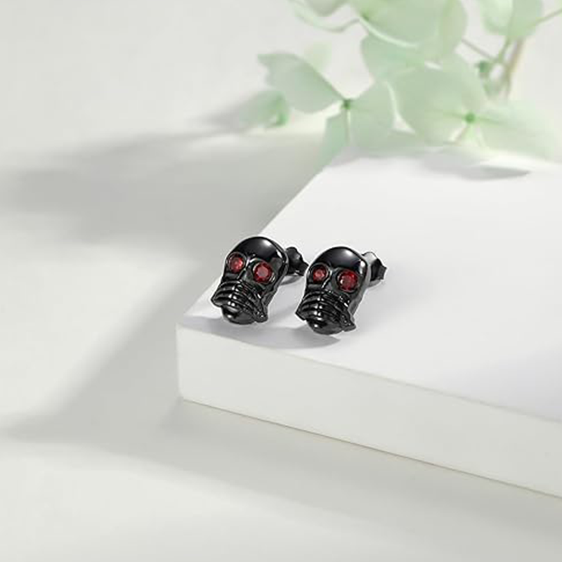 Sterling Silver with Black Color Plated Cubic Zirconia Skull Stud Earrings-4