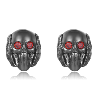 Sterling Silver with Black Color Plated Cubic Zirconia Skull Stud Earrings-1