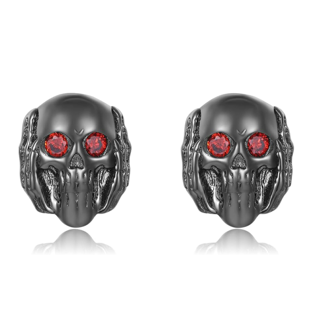 Sterling Silver with Black Color Plated Cubic Zirconia Skull Stud Earrings