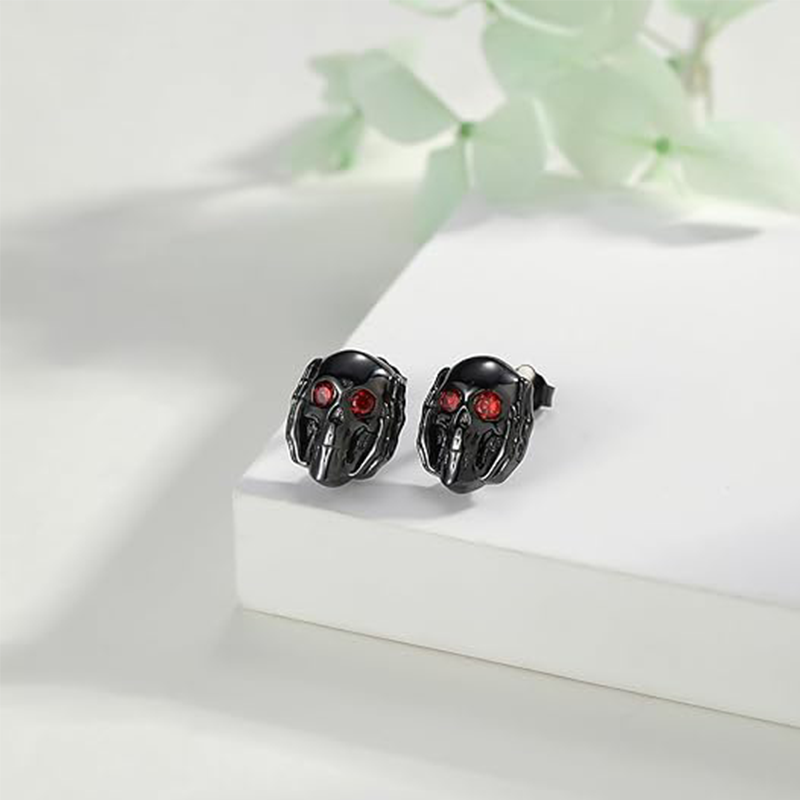 Sterling Silver with Black Color Plated Cubic Zirconia Skull Stud Earrings-4