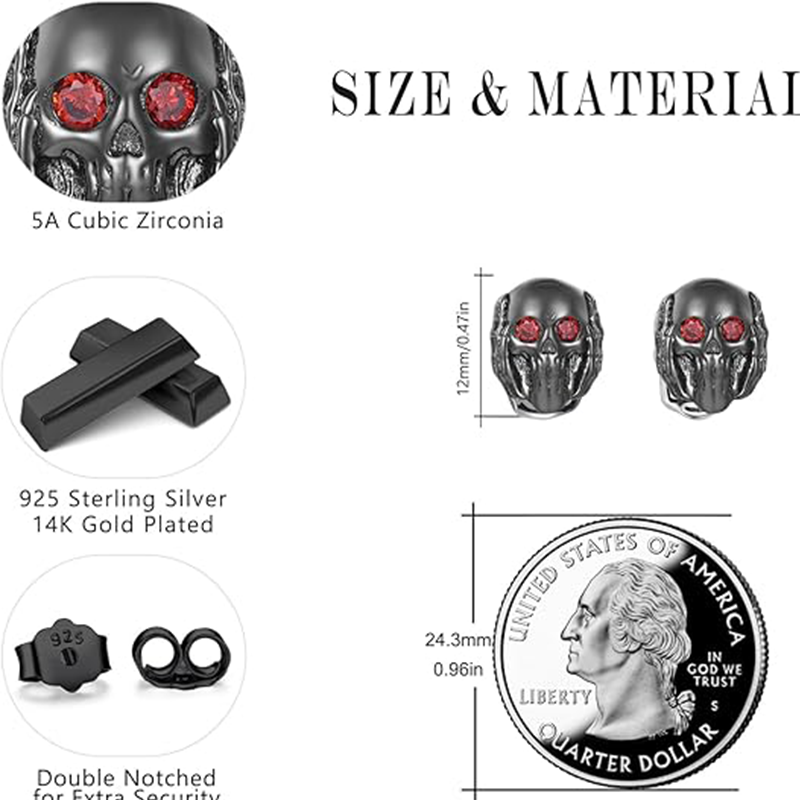 Sterling Silver with Black Color Plated Cubic Zirconia Skull Stud Earrings-5