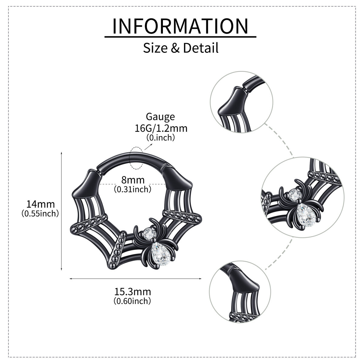 Anillo de nariz de araña de plata de ley con circonita cúbica bañada en color negro-5