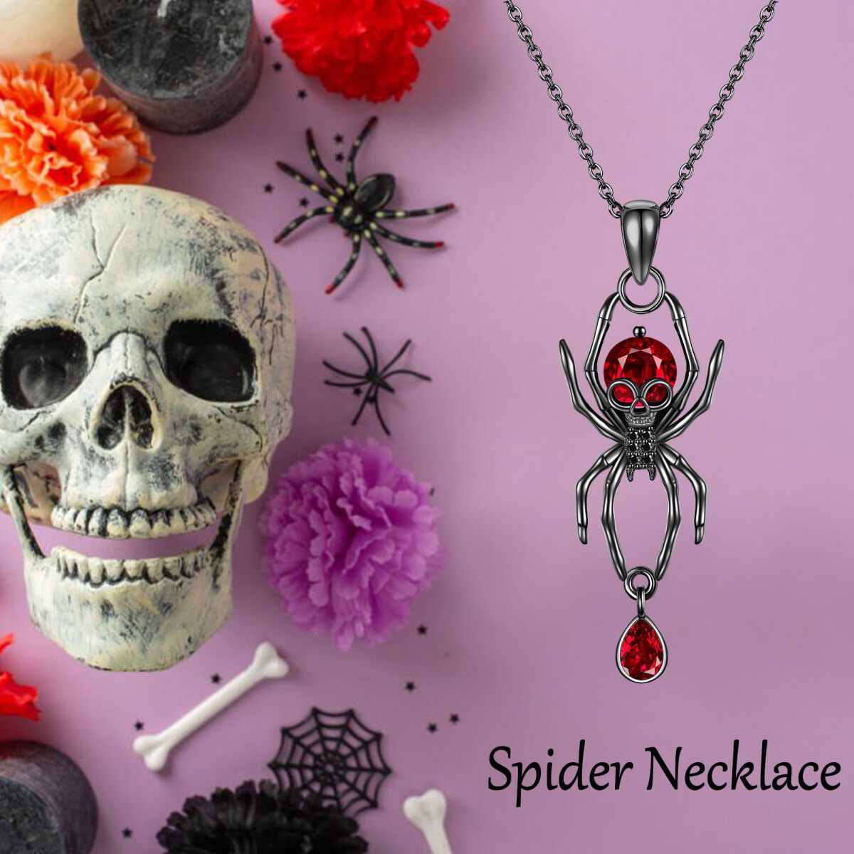 Sterling Silver with Black Color Plated Cubic Zirconia Spider Skeleton Pendant Necklace-6