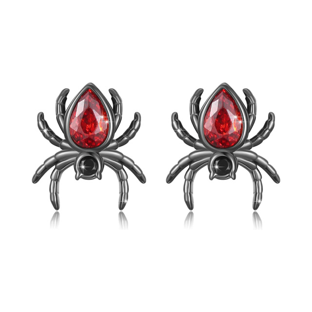 Sterling Silver with Black Color Plated Cubic Zirconia Spider Stud Earrings