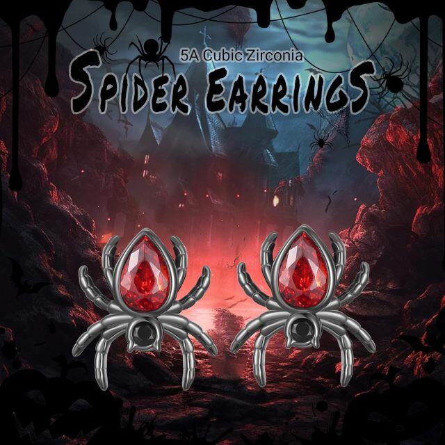 Sterling Silver with Black Color Plated Cubic Zirconia Spider Stud Earrings-5