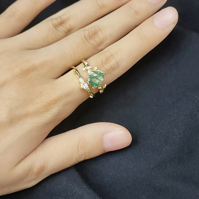 Anillo de bodas de plata de ley con lágrima chapada en oro amarillo/ágata musgo en forma de pera con forma de gota de hiedra-3