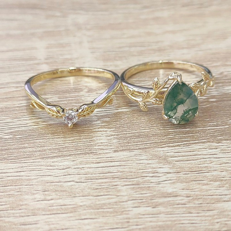 Sterling Silver with Black Color Plated Teardrop/Pear-shaped Moss Agate Ivy & Drop Shape Wedding Ring-4