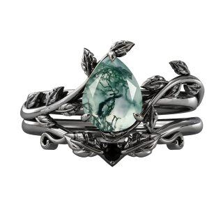 Sterling Silver with Black Color Plated Teardrop/Pear-shaped Moss Agate Ivy & Drop Shape Wedding Ring-34