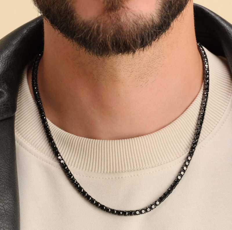 Collar de plata de ley con cadena de tenis negra para hombre, 4 mm-2