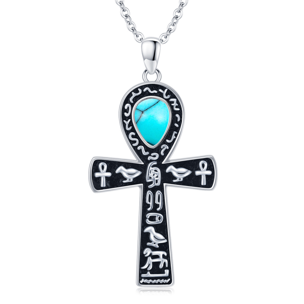 Sterling Silver with Black Color Plated Turquoise Ankh Pendant Necklace-1