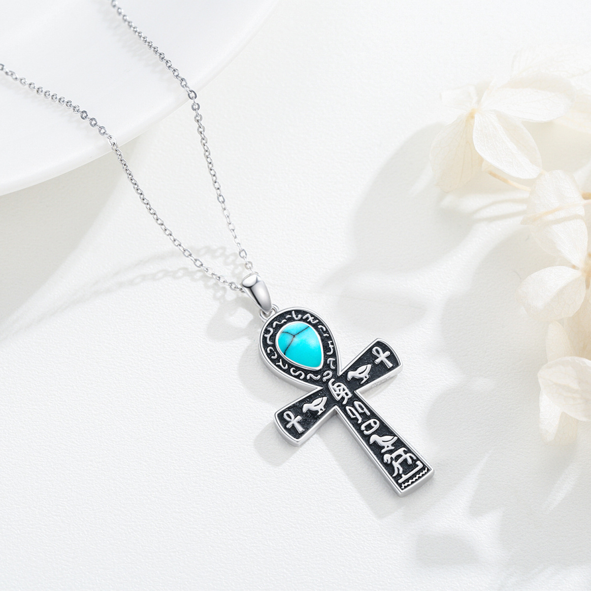 Collier pendentif Ankh turquoise plaqué argent sterling avec couleur noire-3