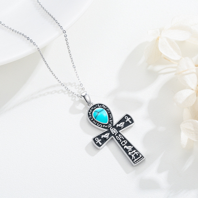 Sterling Silver with Black Color Plated Turquoise Ankh Pendant Necklace-3