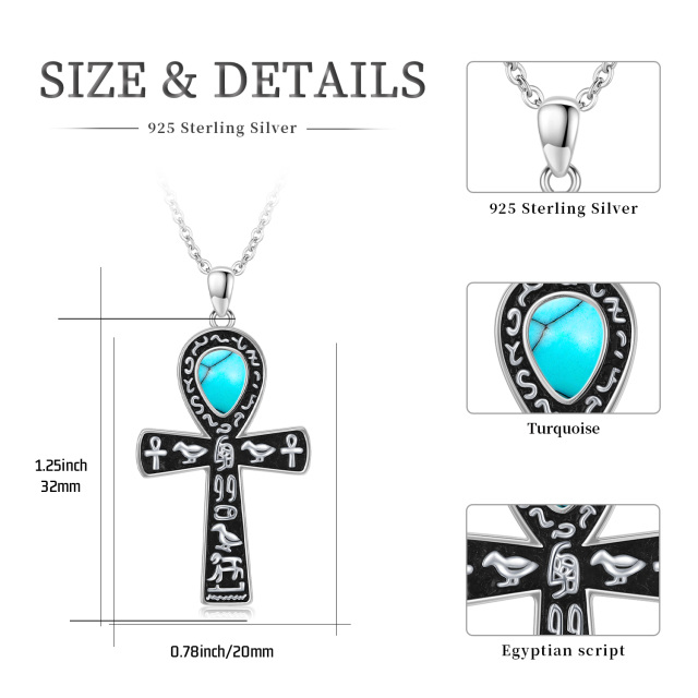 Sterling Silver with Black Color Plated Turquoise Ankh Pendant Necklace-4